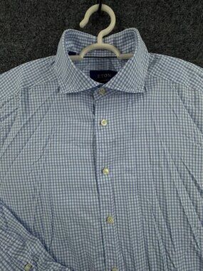 Eton Check Romania Cotton Contemporary Medium Blue Shirt Mens Button Up Elegant